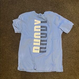 Blue Short Sleeve Crew Neck Tee with Vertical Text